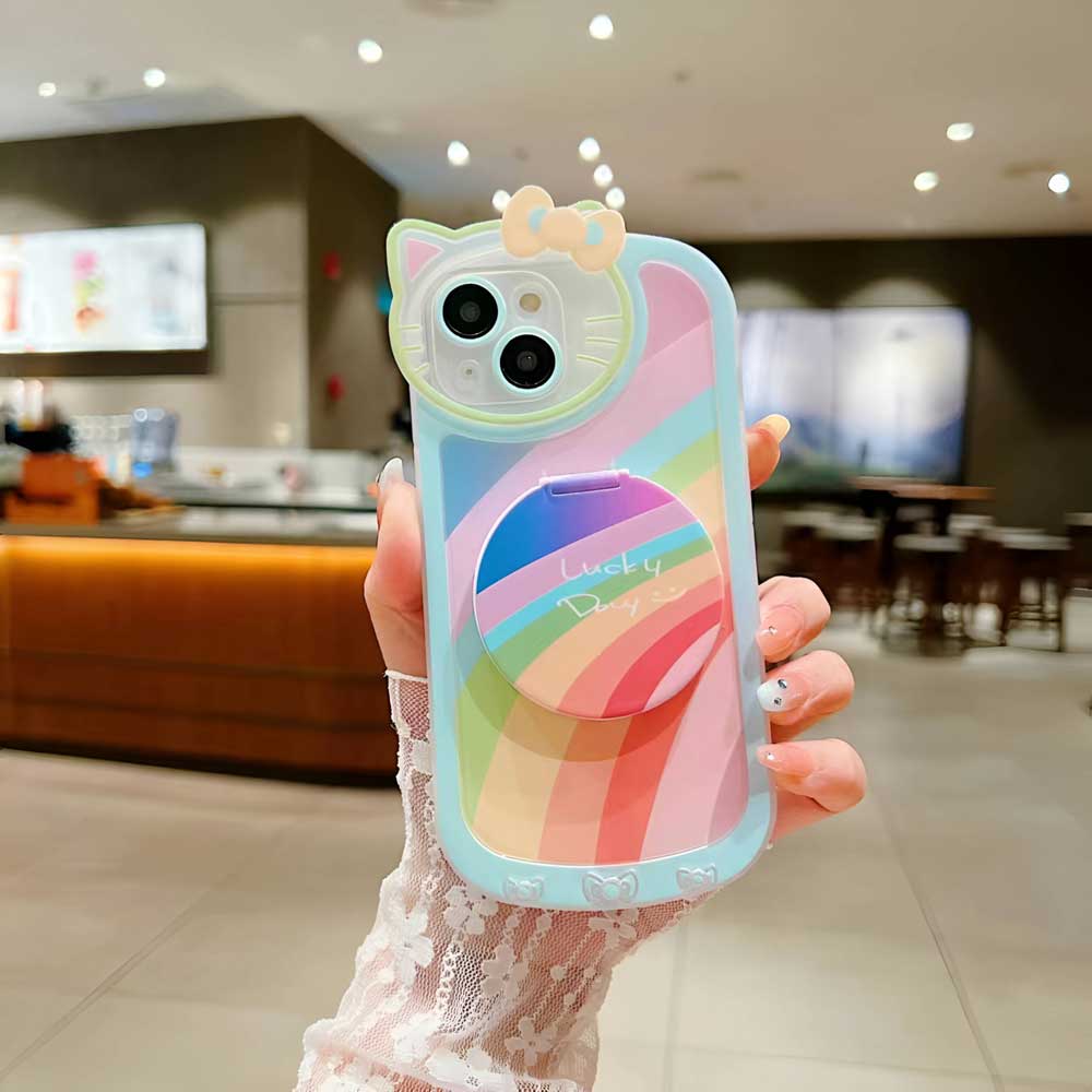 Cartoon Cat Printed TPU Camera Protection Cover with Mirror Stand – iPhone 13 Pro