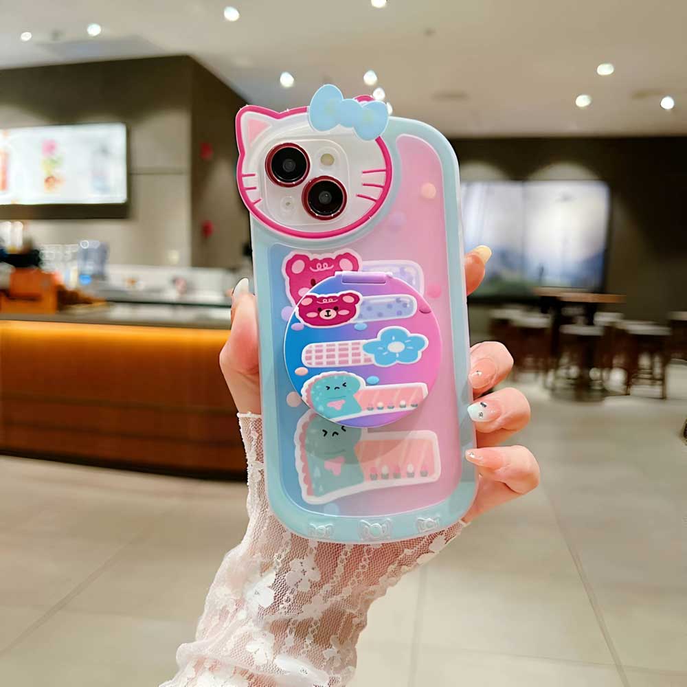 Cartoon Cat Printed TPU Camera Protection Cover with Mirror Stand – iPhone 13 Pro Max