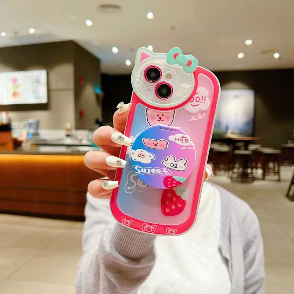 Cartoon Cat Printed TPU Camera Protection Cover with Mirror Stand – iPhone 13 Pro Max
