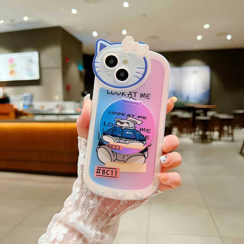 Cartoon Cat Printed TPU Camera Protection Cover with Mirror Stand – iPhone 13 Pro Max