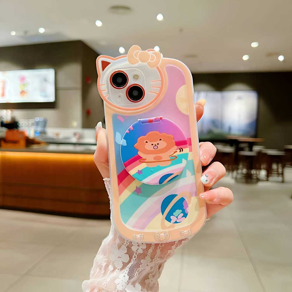 Cartoon Cat Printed TPU Camera Protection Cover with Mirror Stand – iPhone 13 Pro