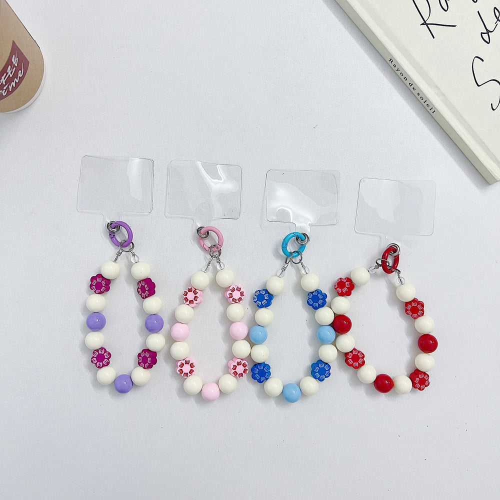 Cute Round Bead Chain With Acrylic Flora Pattern Bead Phone Charm | Handbag Charm