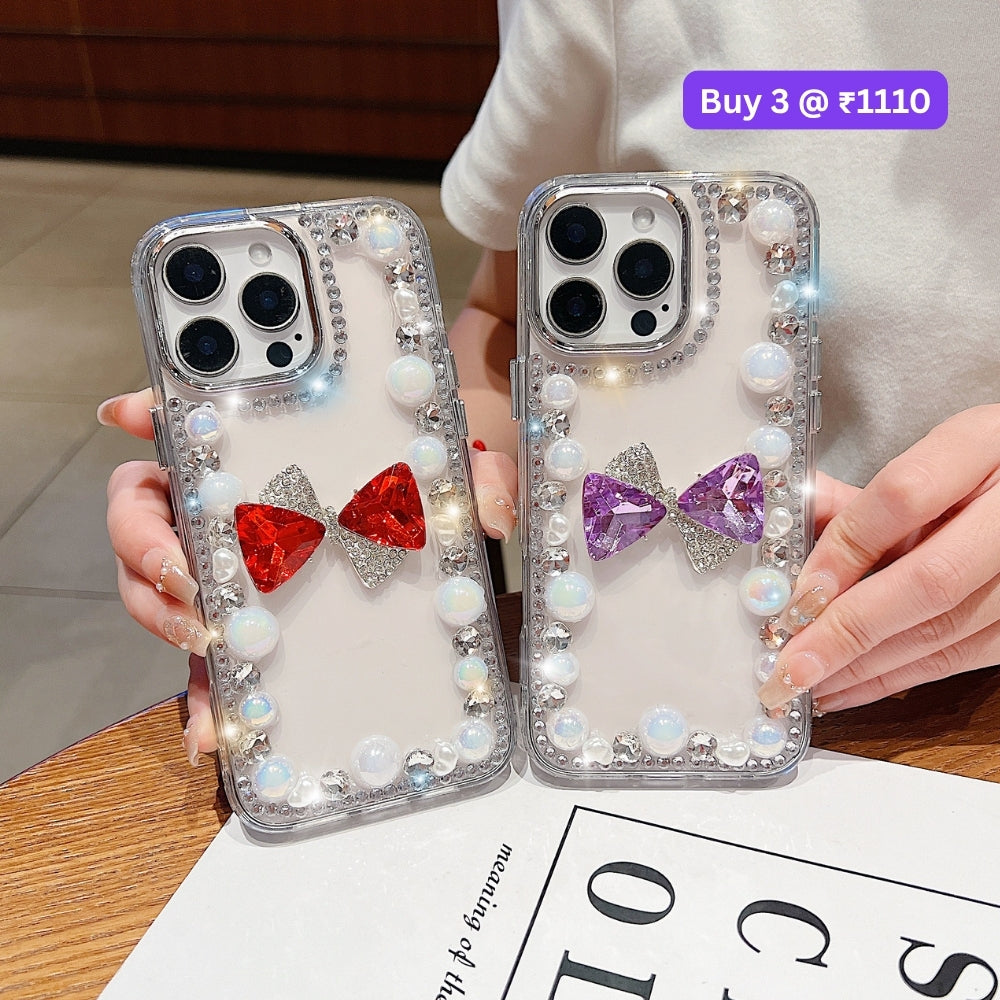 3D Bow Pearl Border Transparent PC (Hard) Phone Case | Mobile Cover - iPhone 16 Plus