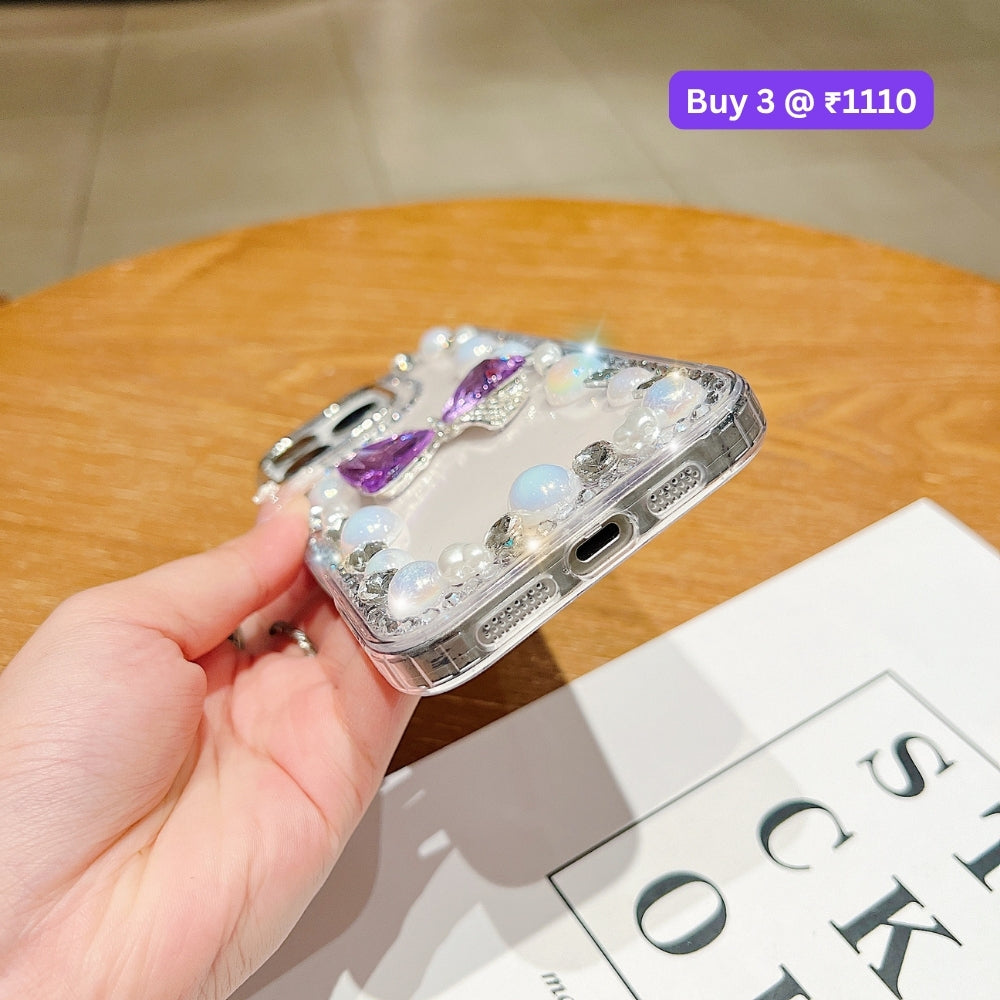 3D Bow Pearl Border Transparent PC (Hard) Phone Case | Mobile Cover - iPhone 15 Pro Max