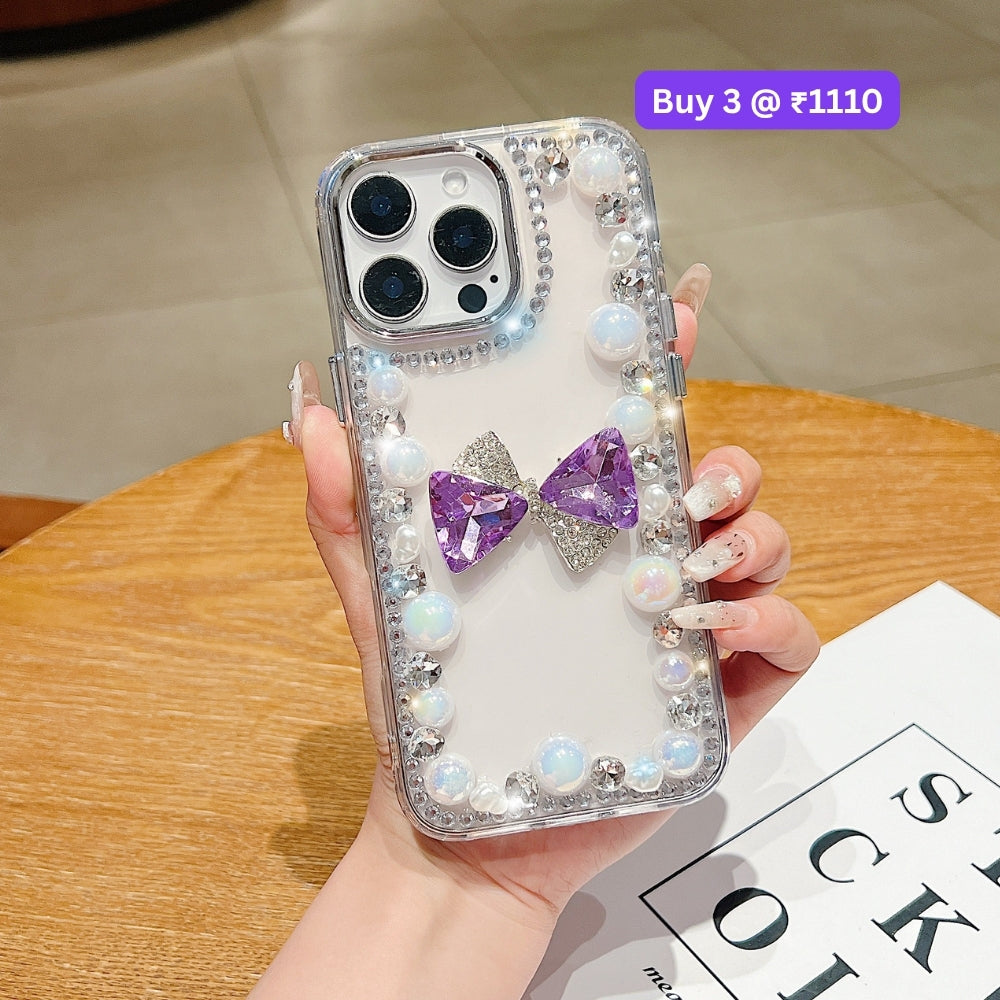 3D Bow Pearl Border Transparent PC (Hard) Phone Case | Mobile Cover - iPhone 15 Pro Max