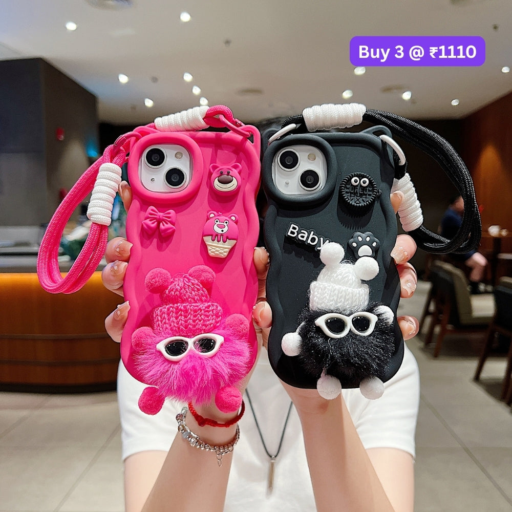 3D Ear Wave with Cute Specs Fur Cartoon TPU (Soft) Phone Case | Mobile Cover - Vivo Y16