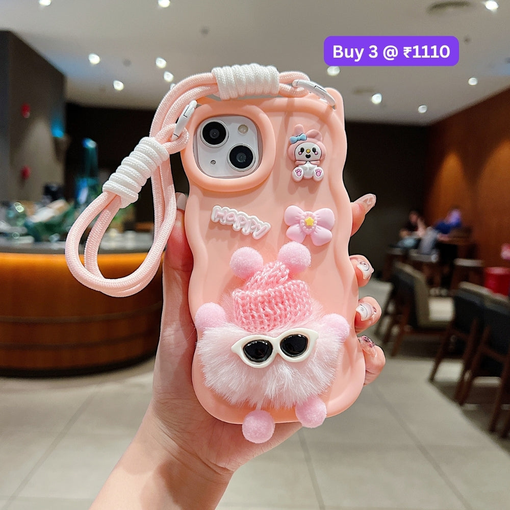 3D Ear Wave with Cute Specs Fur Cartoon TPU (Soft) Phone Case | Mobile Cover - Vivo Y16