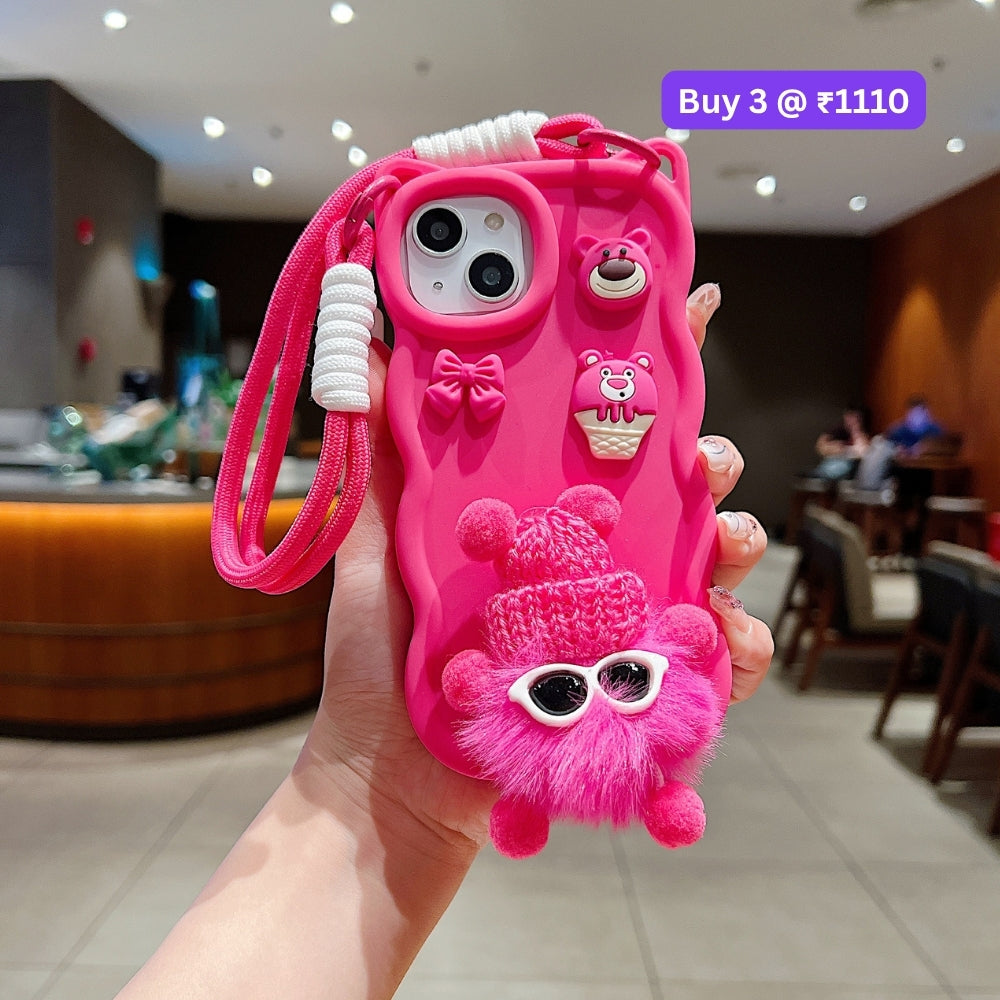 3D Ear Wave with Cute Specs Fur Cartoon TPU (Soft) Phone Case | Mobile Cover - Vivo Y16
