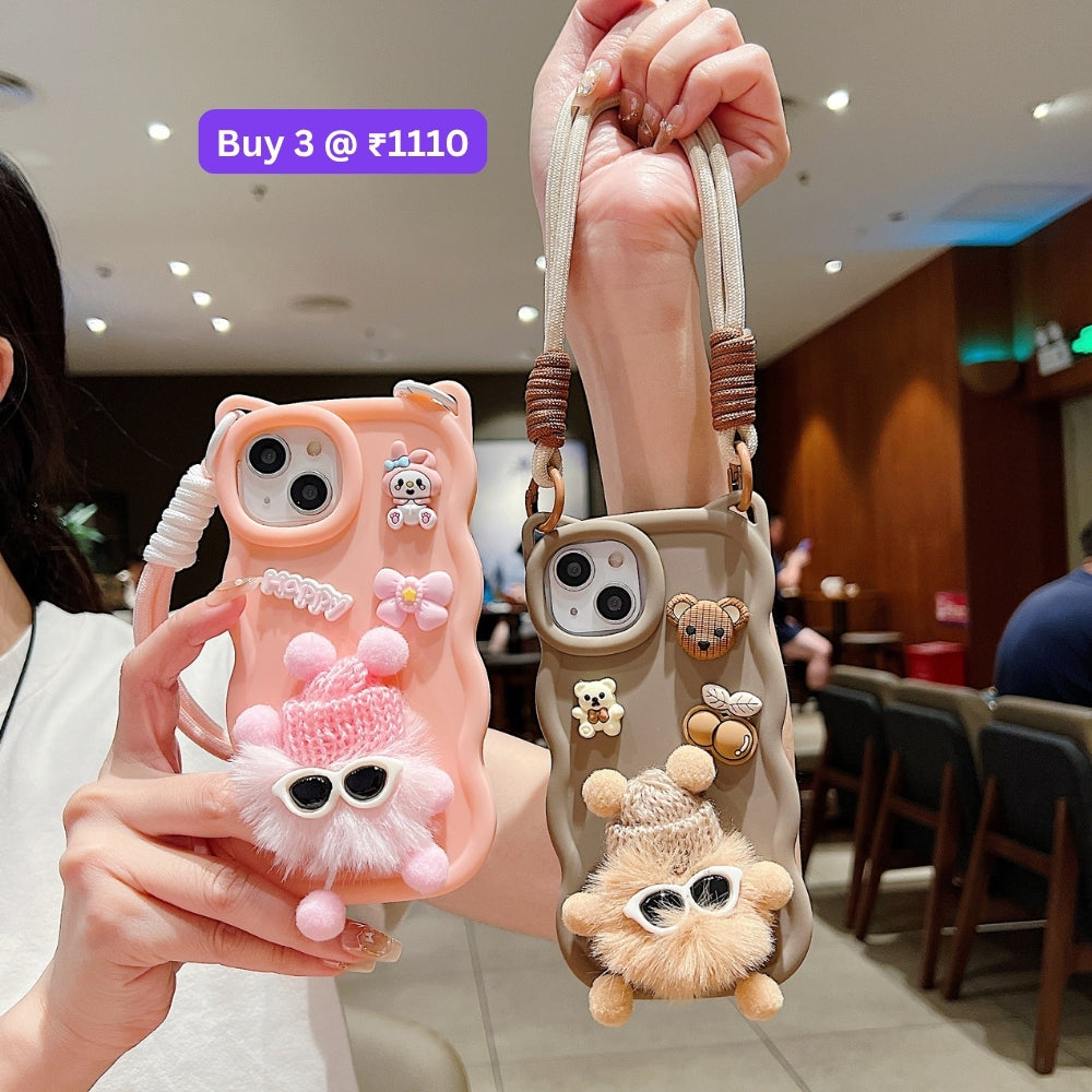 3D Ear Wave with Cute Specs Fur Cartoon TPU (Soft) Phone Case | Mobile Cover - Vivo Y16