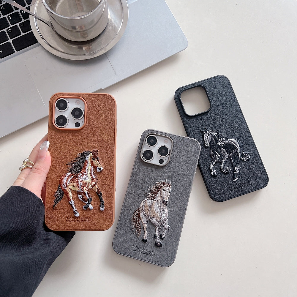 3D Embroided Horse Design PU Leather Phone Case - Mi Note 13 Pro