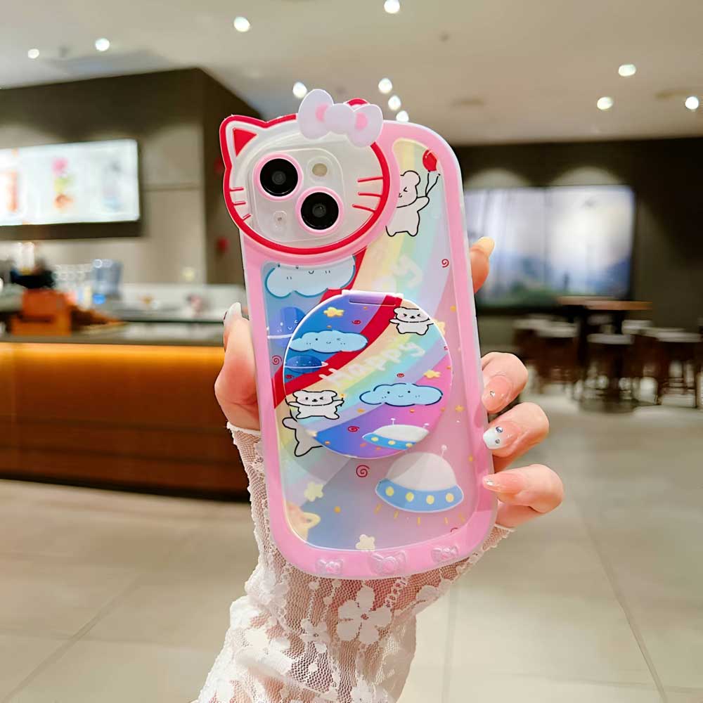 Cartoon Cat Printed TPU Camera Protection Cover with Mirror Stand – iPhone 13 Pro Max