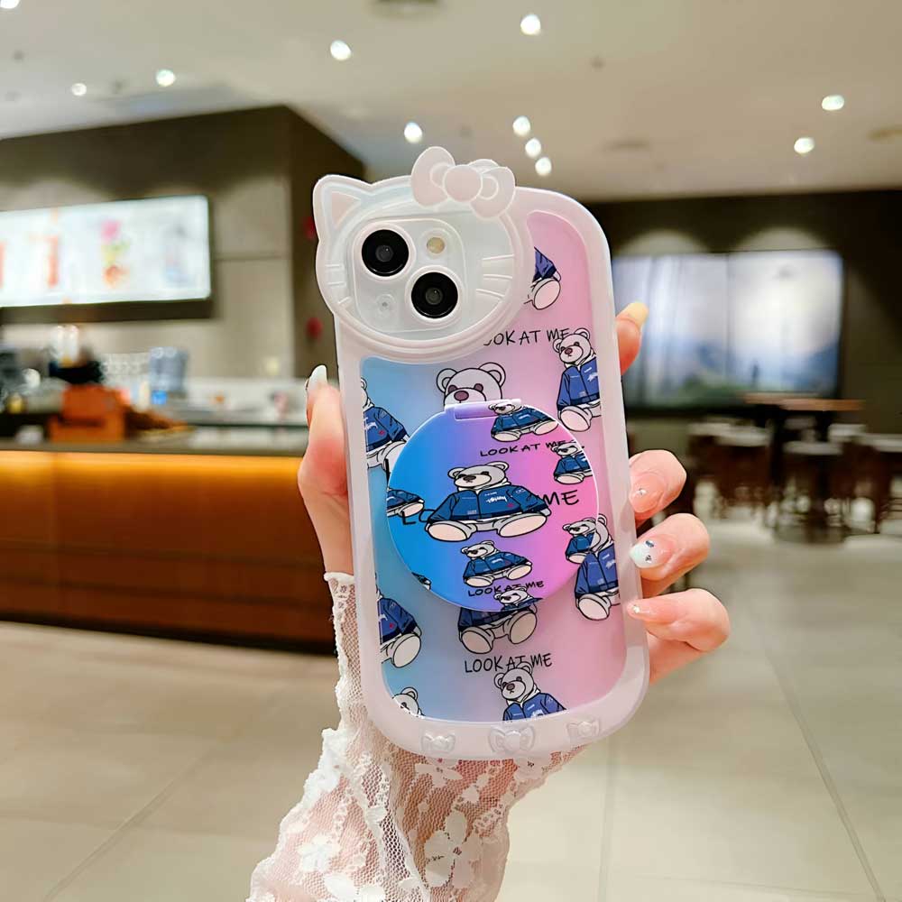 Cartoon Cat Printed TPU Camera Protection Cover with Mirror Stand – iPhone 13 Pro Max