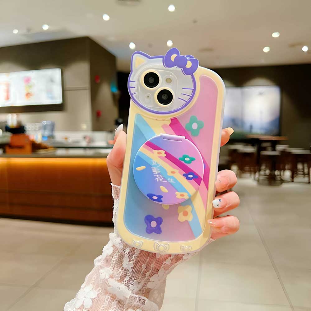 Cartoon Cat Printed TPU Camera Protection Cover with Mirror Stand – iPhone 12 Pro