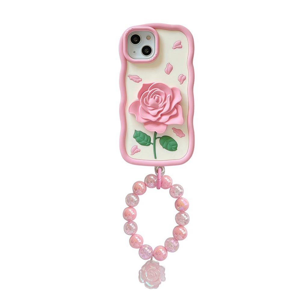 Pink Rose Silicone Soft Cover With Bracelet - iPhone 15 Pro