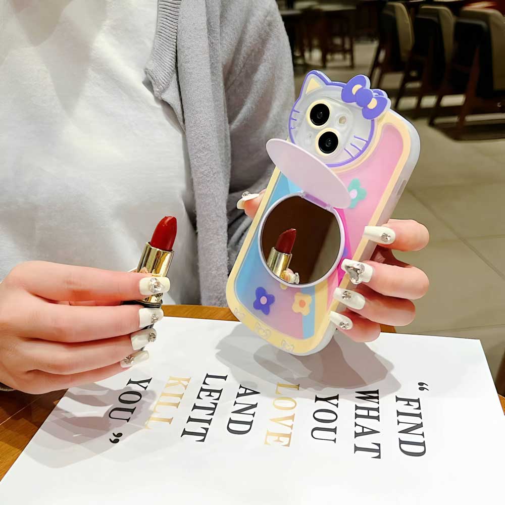 Cartoon Cat Printed TPU Camera Protection Cover with Mirror Stand – iPhone 13 Pro Max