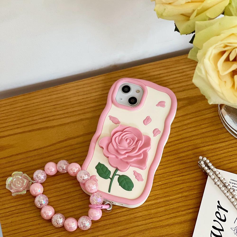 Pink Rose Silicone Soft Cover With Bracelet - iPhone 15 Pro