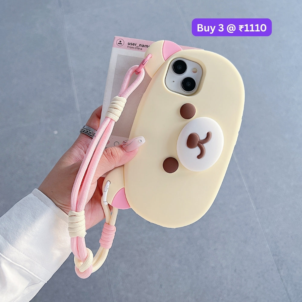 Bear Faced Silicone Soft Phone Case with Lanyard Strap | Mobile Cover - iPhone 14 Pro Max