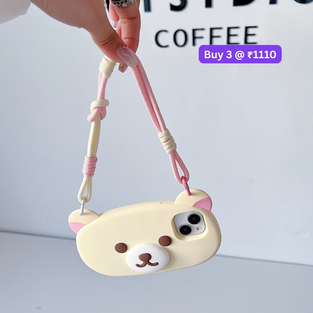 Bear Faced Silicone Soft Phone Case with Lanyard Strap | Mobile Cover - iPhone 14 Pro Max