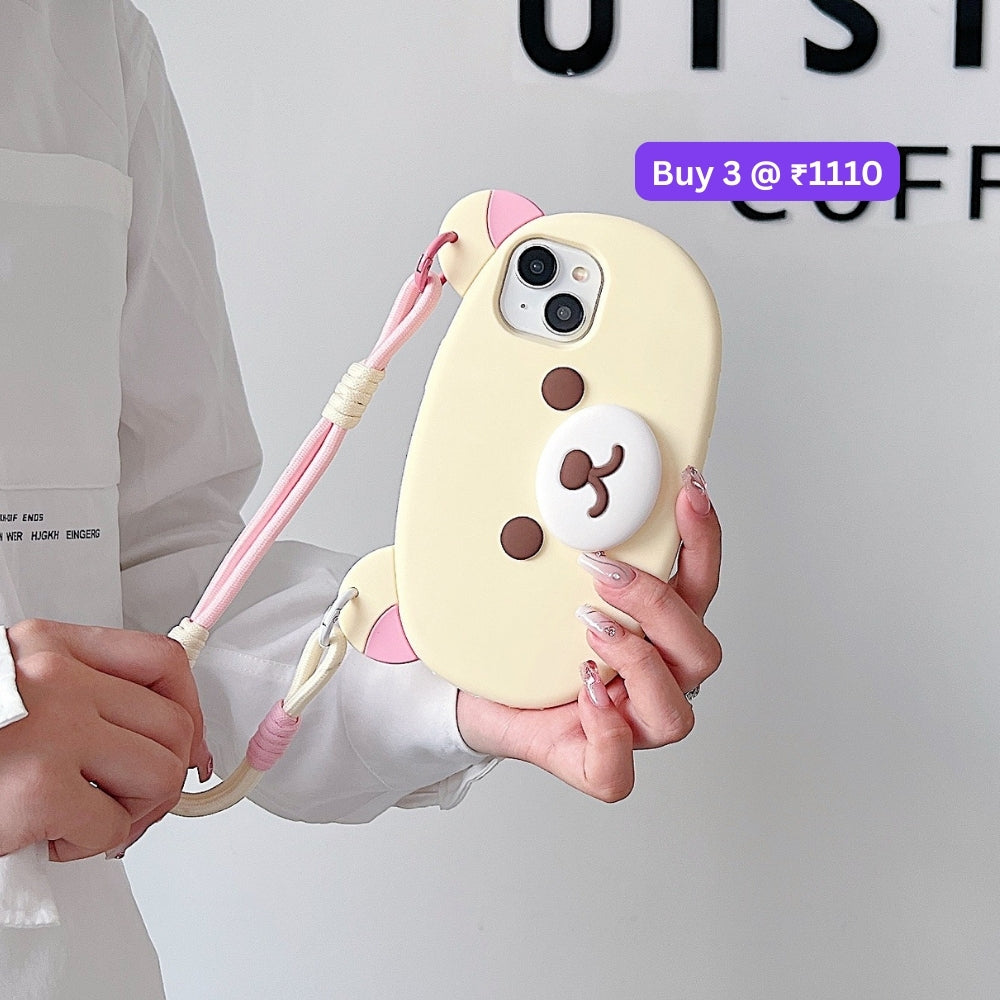 Bear Faced Silicone Soft Phone Case with Lanyard Strap | Mobile Cover - iPhone 14 Pro Max