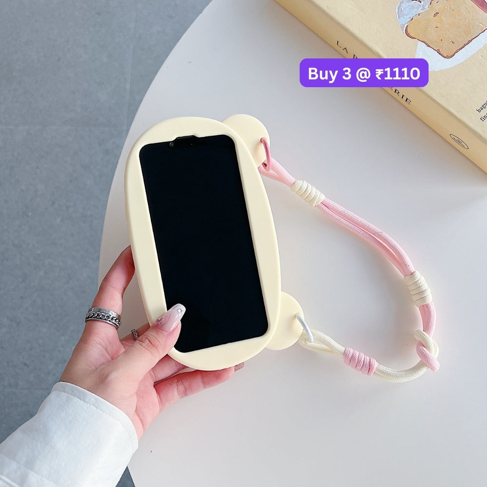 Bear Faced Silicone Soft Phone Case with Lanyard Strap | Mobile Cover - iPhone 14 Pro Max