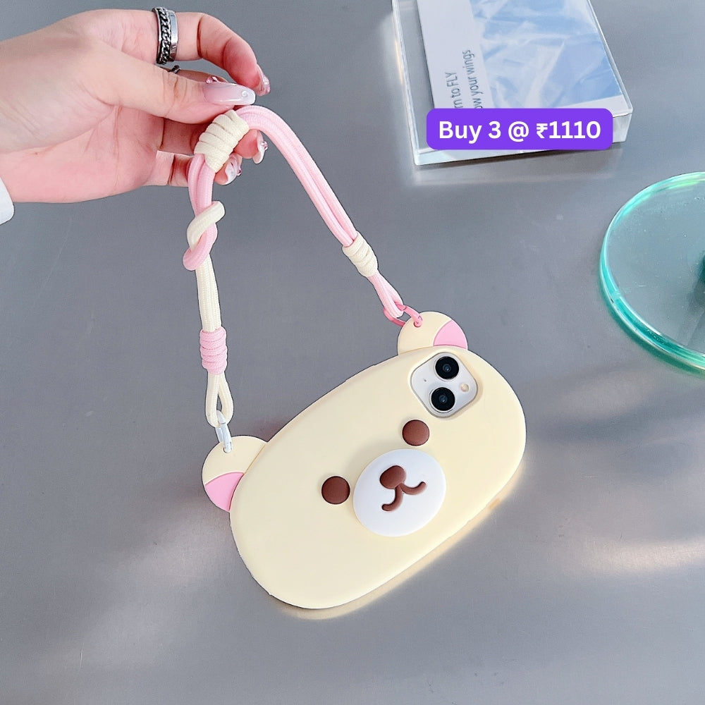 Bear Faced Silicone Soft Phone Case with Lanyard Strap | Mobile Cover - iPhone 14 Pro Max