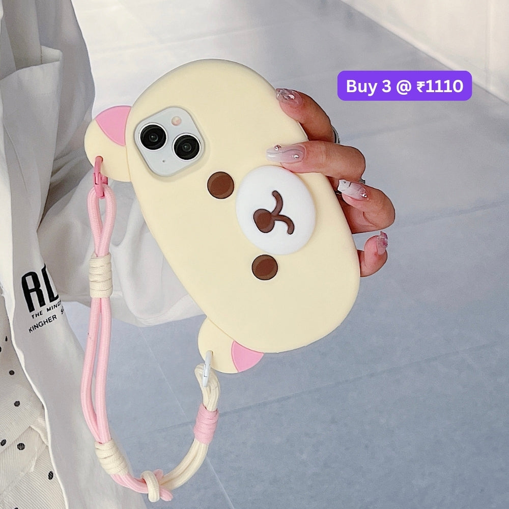 Bear Faced Silicone Soft Phone Case with Lanyard Strap | Mobile Cover - iPhone 14 Pro Max
