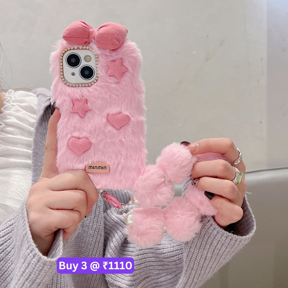 Bow Pattern Furry Soft Phone Case with Furry Bracelet - Samsung S25 Ultra