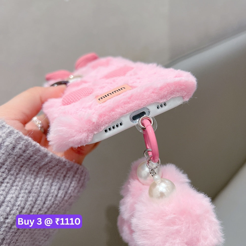 Bow Pattern Furry Soft Phone Case with Furry Bracelet - Samsung S25 Ultra