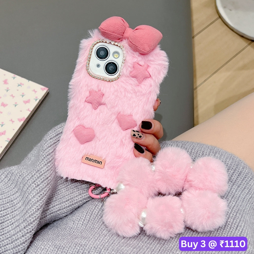 Bow Pattern Furry Soft Phone Case with Furry Bracelet - Samsung S25 Ultra