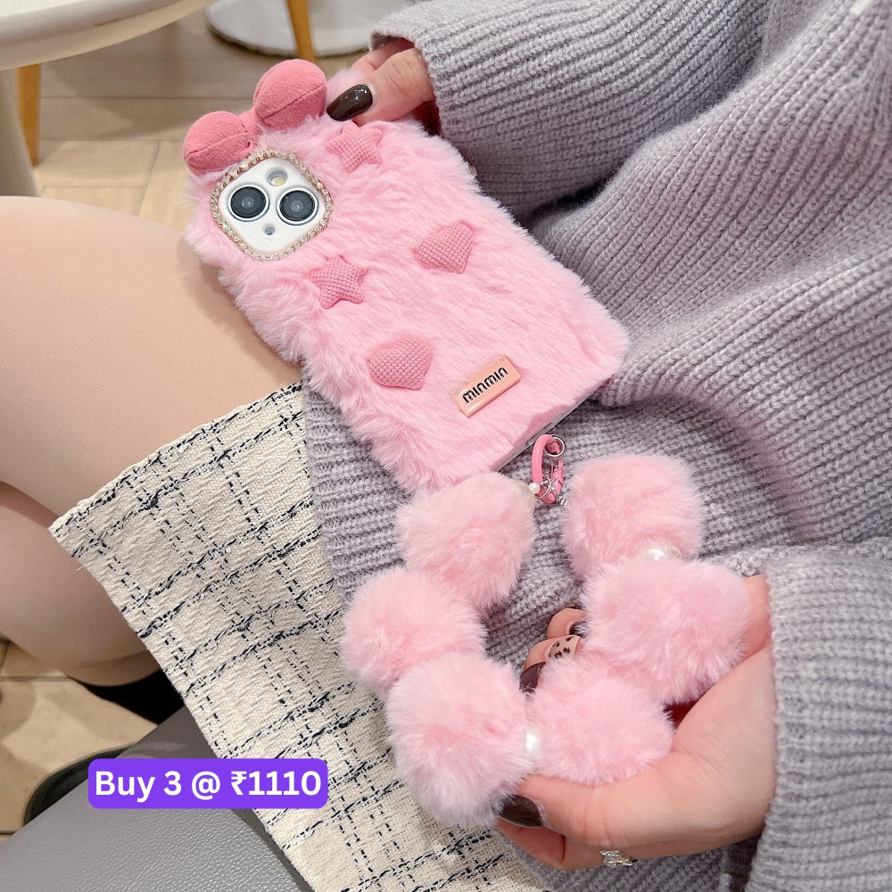 Bow Pattern Furry Soft Phone Case with Furry Bracelet - Samsung S25 Ultra