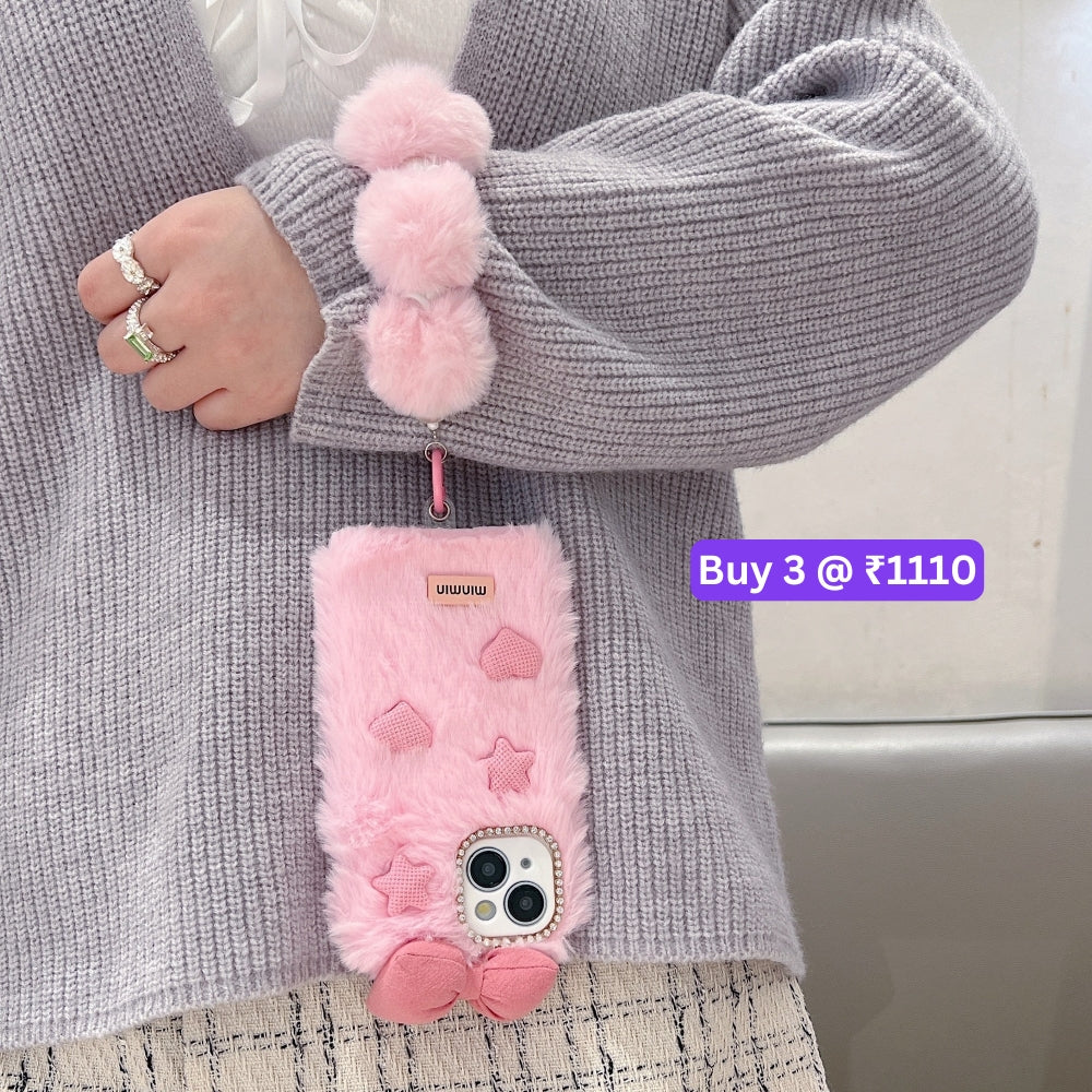 Bow Pattern Furry Soft Phone Case with Furry Bracelet - Samsung S25 Ultra