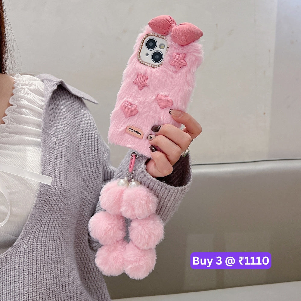 Bow Pattern Furry Soft Phone Case with Furry Bracelet - Samsung S25 Ultra