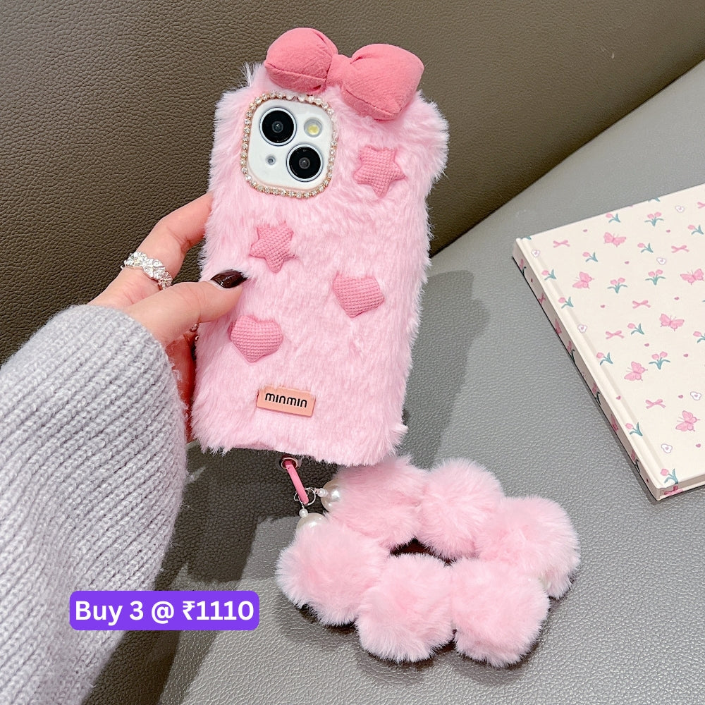Bow Pattern Furry Soft Phone Case with Furry Bracelet - Samsung S25 Ultra