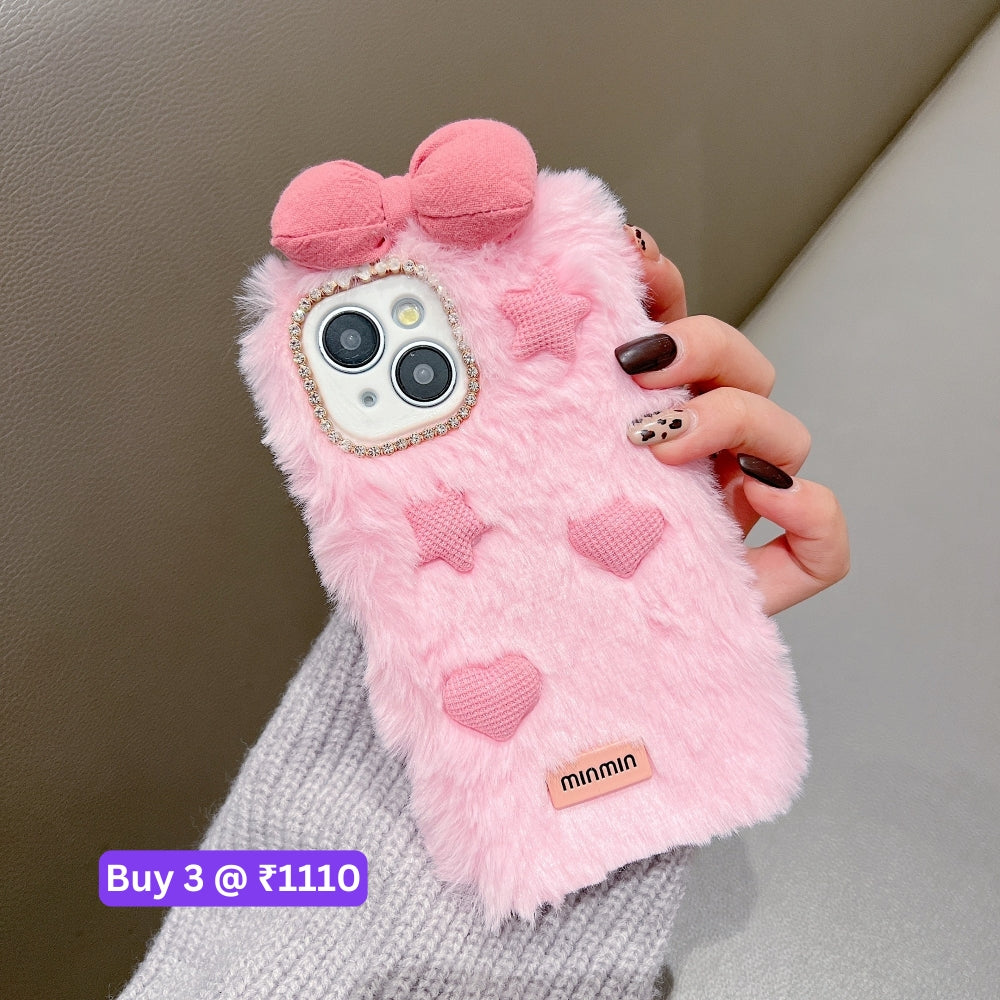 Bow Pattern Furry Soft Phone Case with Furry Bracelet - iPhone 13