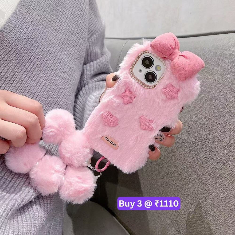 Bow Pattern Furry Soft Phone Case with Furry Bracelet - Samsung S25 Ultra