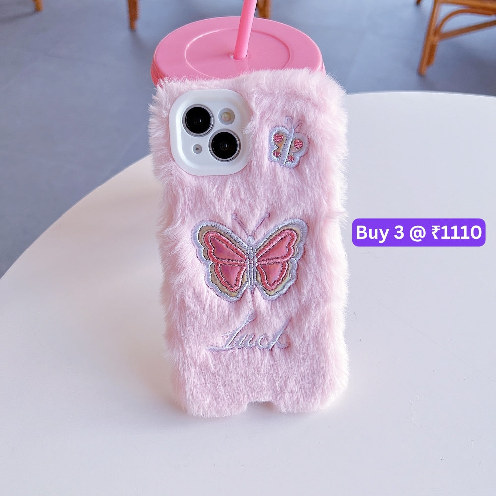 Butterfly Embroided Camera Protection Fur Phone Case - iPhone 14 Pro Max