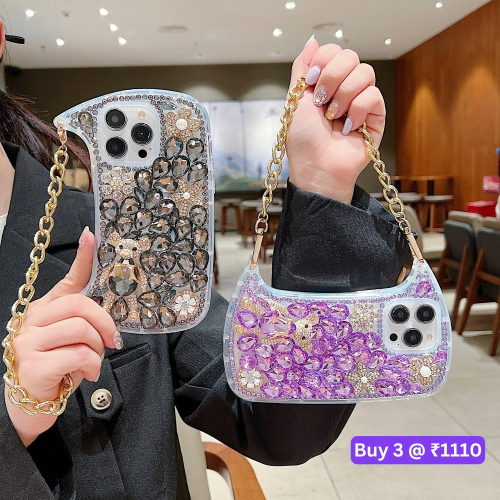 Colorful Diamond Phone Case With Metal Chain Strap - iPhone 14 Pro Max