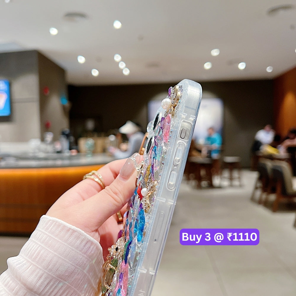 Colorful Diamond Phone Case With Metal Chain Strap - iPhone 14 Pro Max