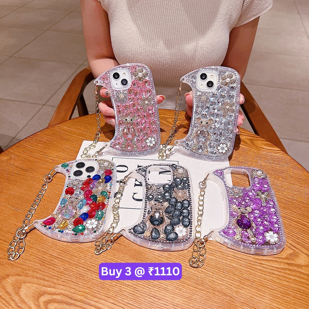 Colorful Diamond Phone Case With Metal Chain Strap - iPhone 14 Pro Max