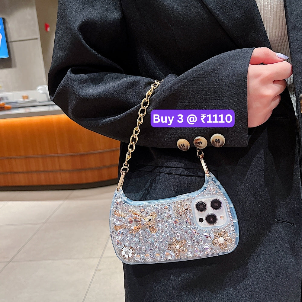 Colorful Diamond Phone Case With Metal Chain Strap - iPhone 14 Pro Max