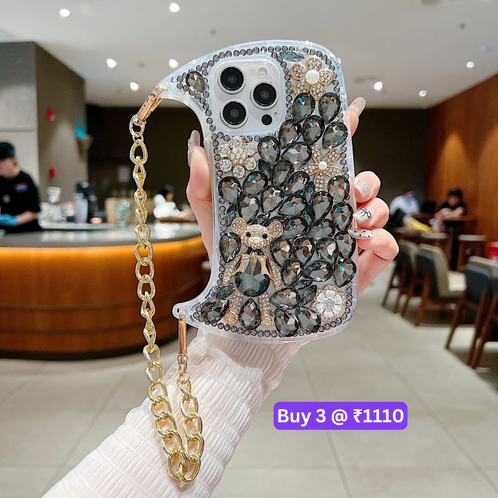 Colorful Diamond Phone Case With Metal Chain Strap - iPhone 14 Pro Max