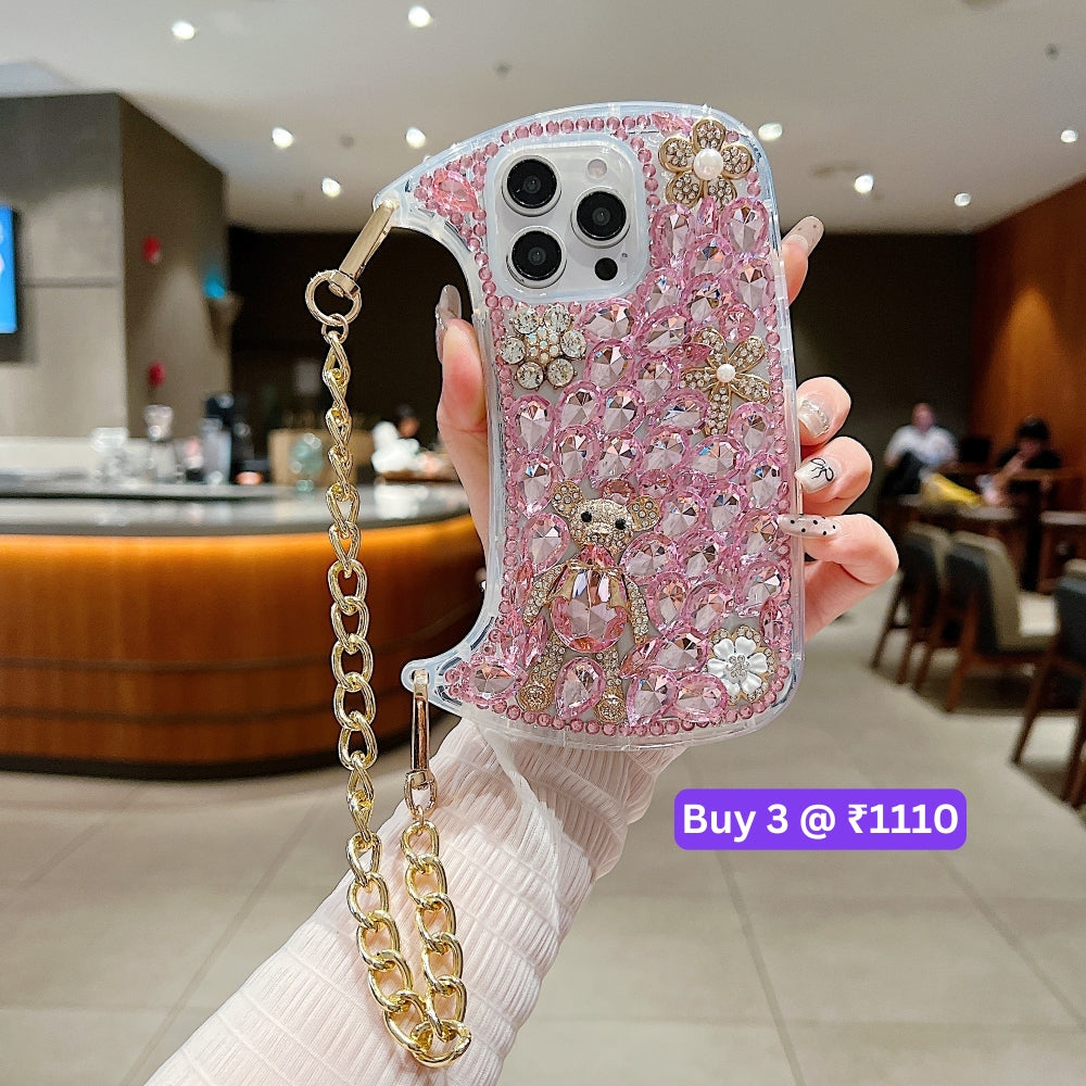 Colorful Diamond Phone Case With Metal Chain Strap - iPhone 14 Pro Max