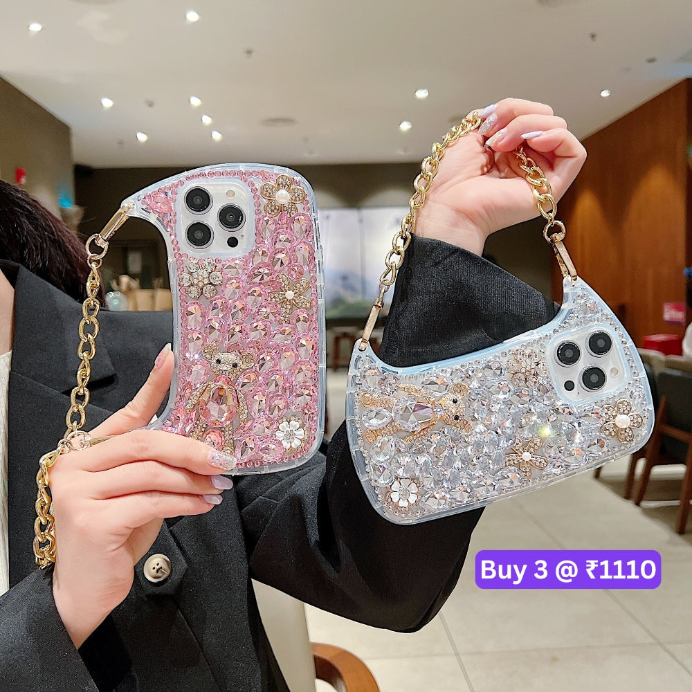 Colorful Diamond Phone Case With Metal Chain Strap - iPhone 14 Pro Max