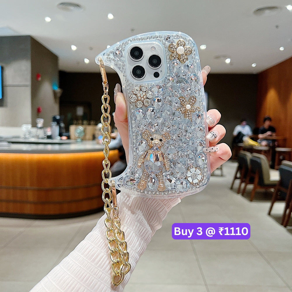 Colorful Diamond Phone Case With Metal Chain Strap - iPhone 14 Pro Max