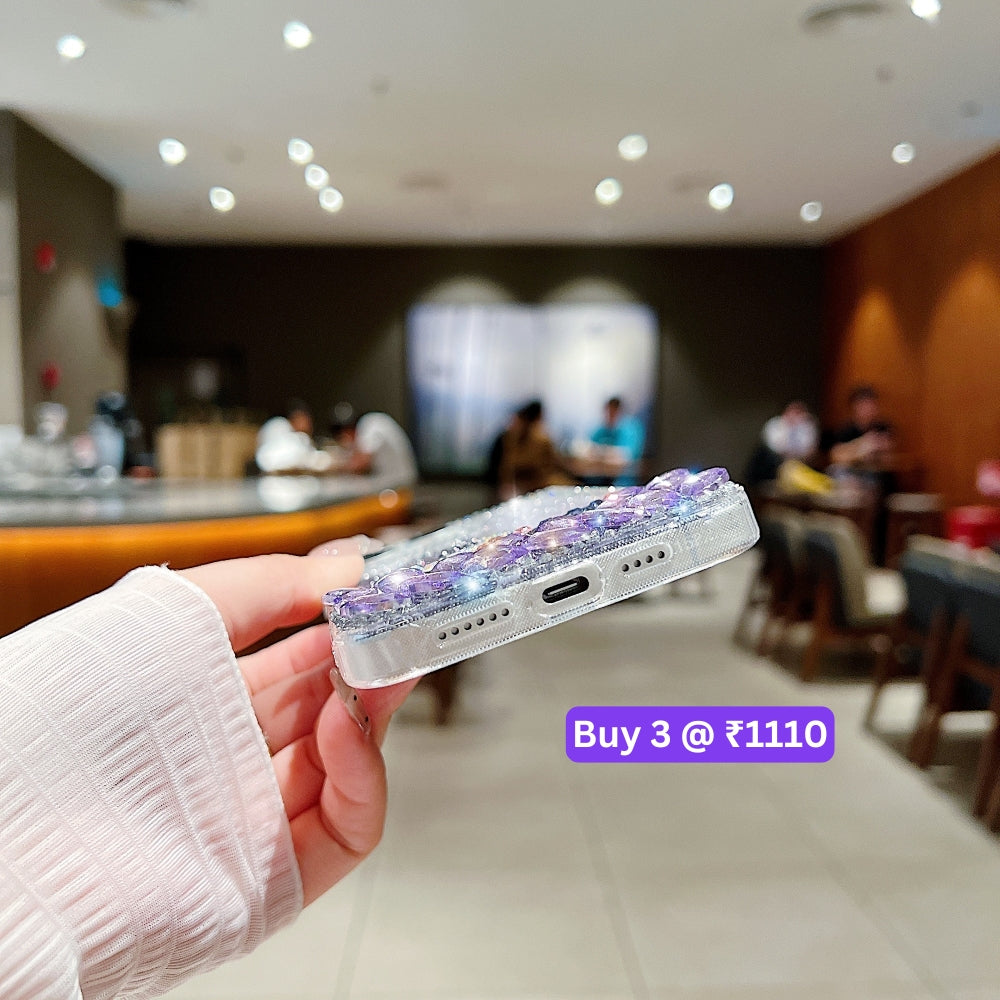 Colorful Diamond Phone Case With Metal Chain Strap - iPhone 14 Pro Max