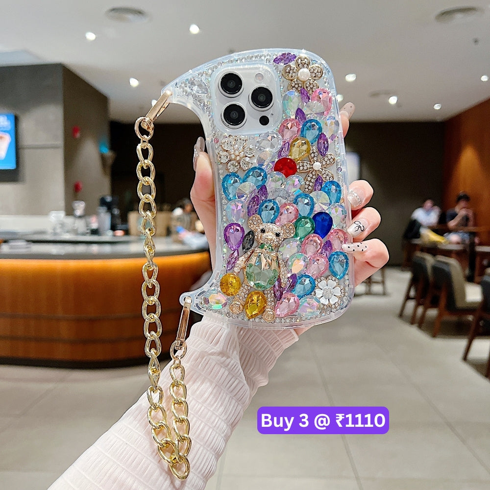 Colorful Diamond Phone Case With Metal Chain Strap - iPhone 14 Pro Max