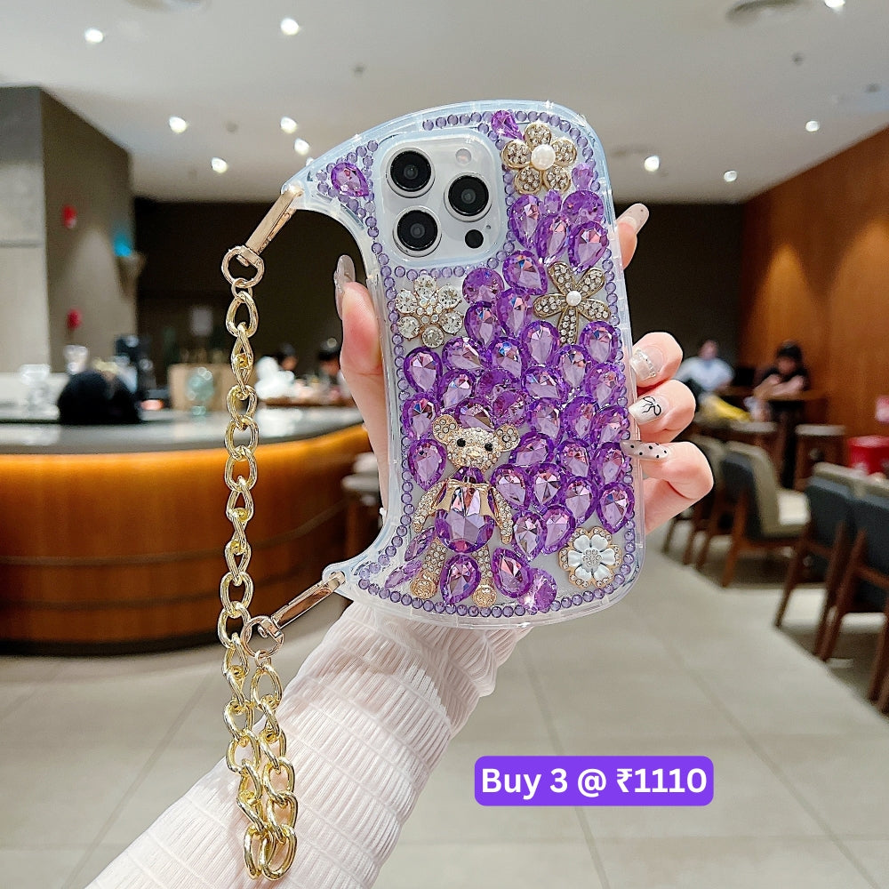 Colorful Diamond Phone Case With Metal Chain Strap - iPhone 14 Pro Max