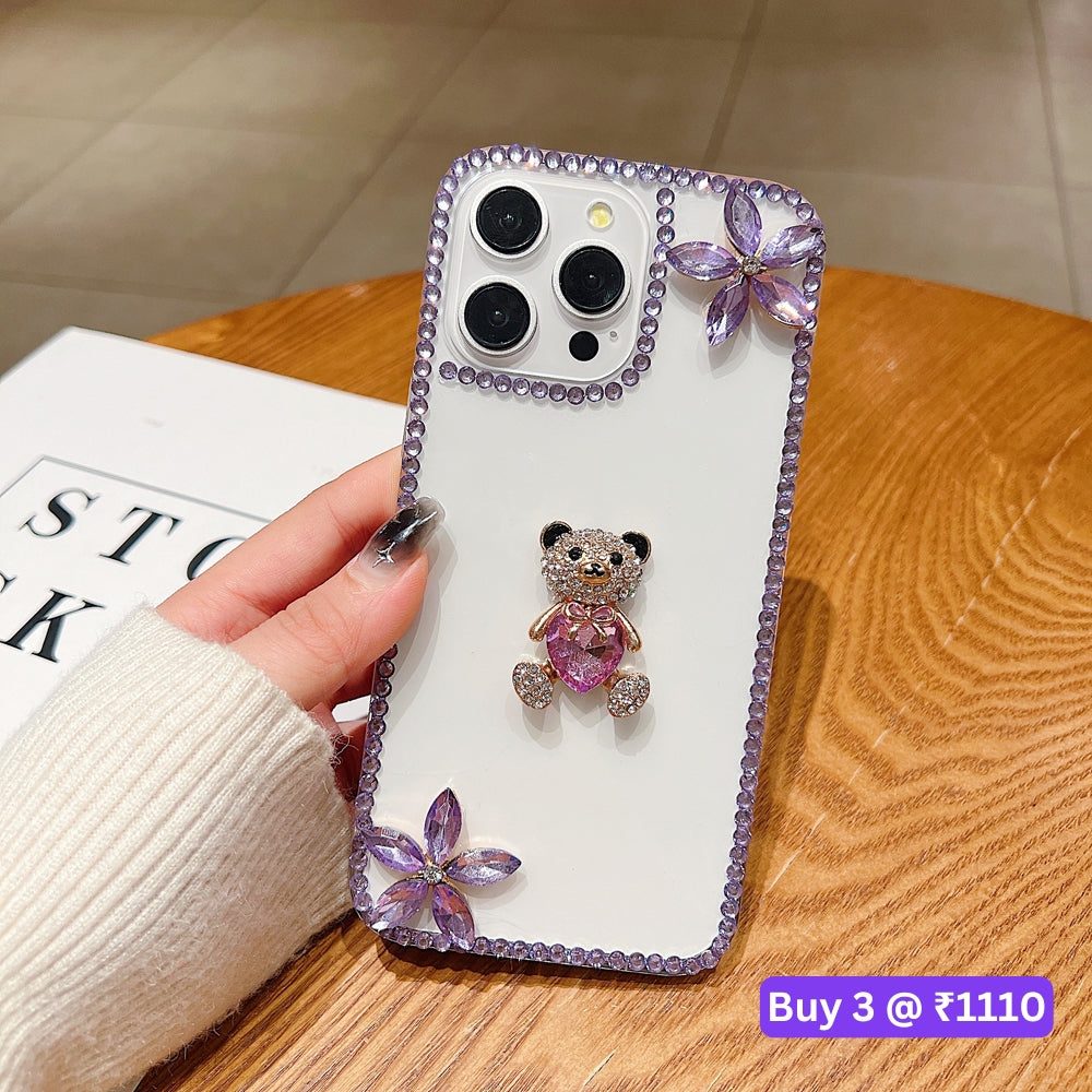 Crystal Stone Bear Heart Bling Flower Transparent Phone Case - iPhone 14