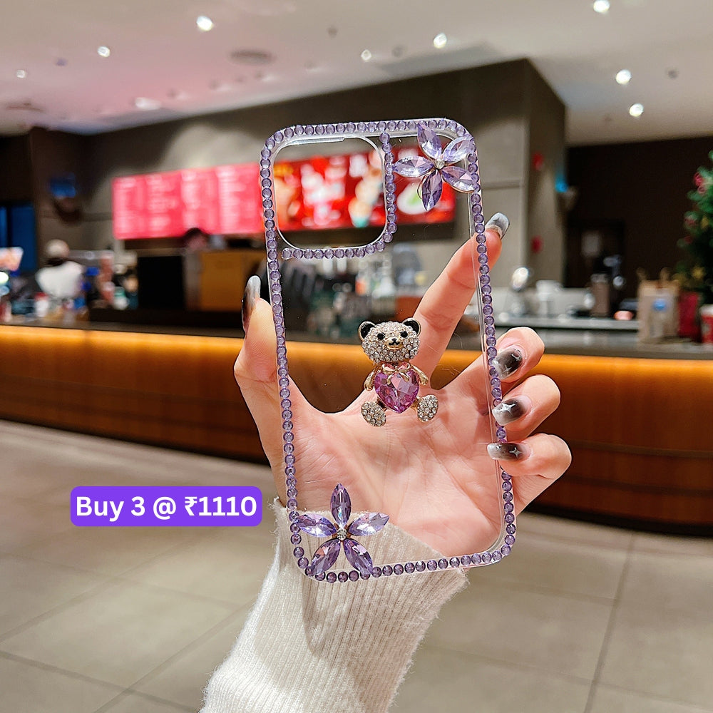 Crystal Stone Bear Heart Bling Flower Transparent Phone Case - Samsung S22 Ultra