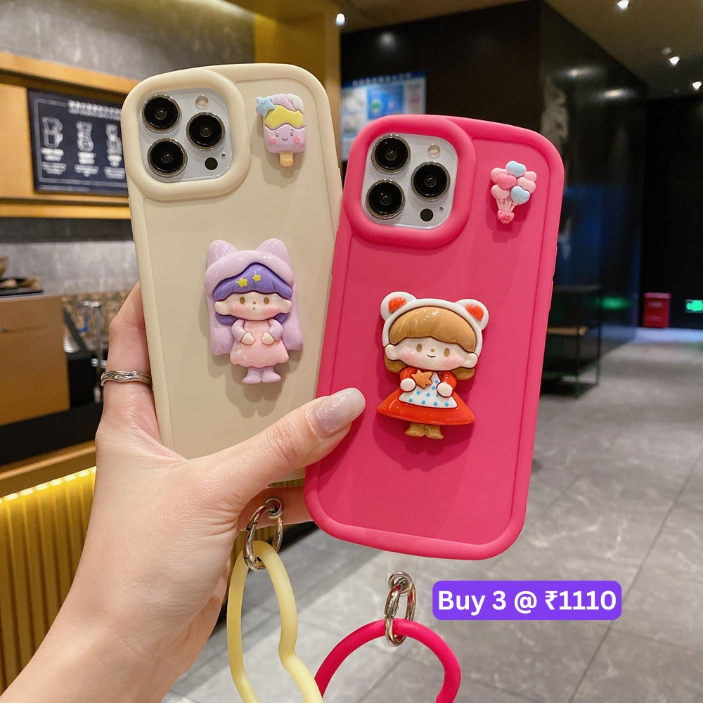 Cute Girl Cartoon 3D Princess Colored TPU (Soft) Phone Case with Heart Shape Bracelet - iPhone 14 Pro Max